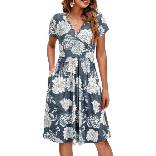 OUGES Women's 2025 Fashion V Neck Midi Dress with Pockets Maternity Clothes Nursing Dresses