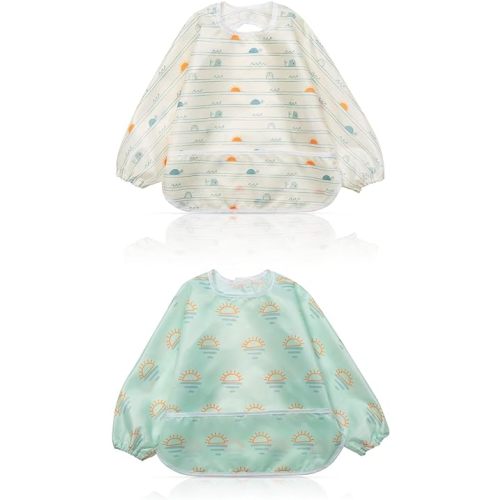 Little Dimsum Mess-Proof Baby Bibs|Infant Toddler Long Sleeve Waterproof Feeding Art Smock|Catching Food & Wipe Clean| Pack of 2 Colors (turtle&sun)