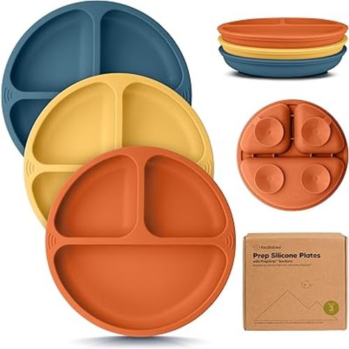 KeaBabies Suction Plates for Baby, Toddler - 3-Pack 100% Silicone Toddler Plates, Divided Baby Plates with Suction, Silicone Plates for Baby, Kids, BPA-Free, Microwave, Dishwasher Safe (Valiant)