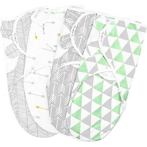 BaeBae Goods Swaddle Blanket, Adjustable Infant Baby Swaddling Wrap Set of 4, Baby Swaddling Wrap Blankets for Boys and Girls Made in Soft Cotton (0-3 Months, Green/Grey Triangles)