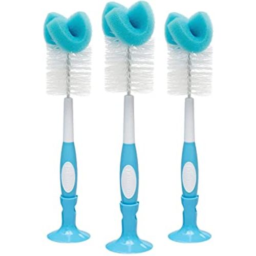 Dr. Brown's Reusable Sponge Baby Bottle Cleaning Brush Set with Suction Cup Stand, Scrubber and Nipple Cleaner, Blue, 3 Count