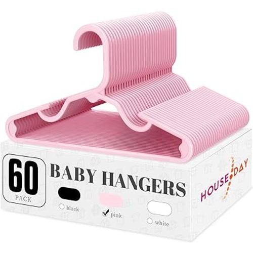 HOUSE DAY Plastic Baby Hangers for Closet 60 Pack, Durable Plastic Kids Hangers for Baby Clothes, Thin & Compact Childrens Hangers, Space Saving Pink Baby Hanger, Small Hanger for Kids Clothes