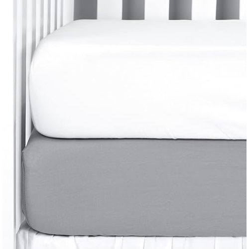 TILLYOU 2 Pack Fitted Crib Sheet Set - 100% Solid Standard Natural Cotton Toddler Bed Mattress Sheets,Standard 28”x 52”, White&Charcoal Gray