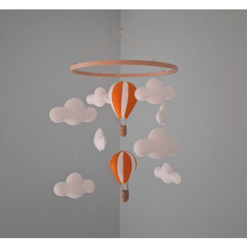 Nursery Mobile Hanger Hot Air Balloons RED - White Clouds
