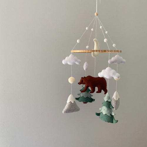 Woodland Bear Baby Mobile | Handmade Felt Nursery Decor | Forest Theme Crib Mobile | Adventure Nursery | Mountain and Trees Baby Mobile