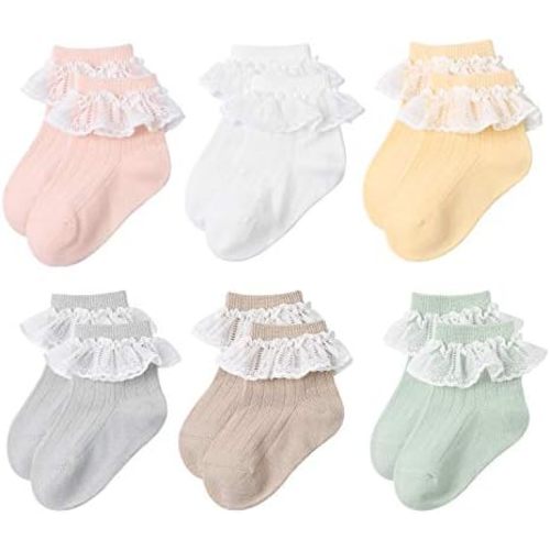 6 Pairs Baby Girls Socks - Newborn Ruffle Lace Princess Frilly Knit Cotton Socks