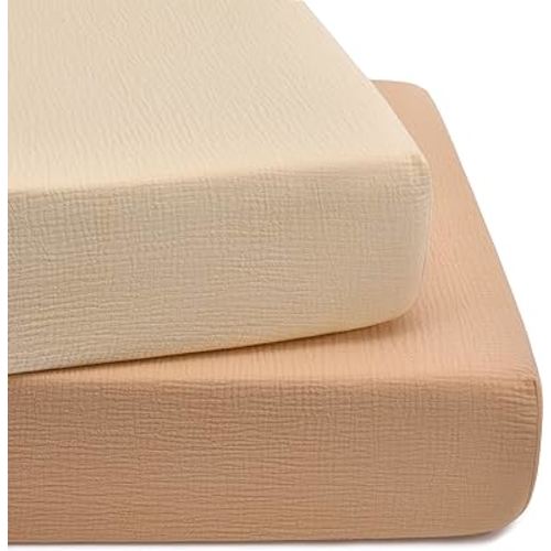 TILLYOU 2 Pack Muslin Crib Sheet for Boys and Girls - 100% Cotton Fitted Crib Sheet for Standard Crib Mattress, Soft and Breathable, 52"x28", Beige&Light Brown