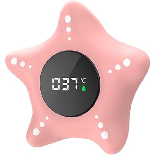LEDFAAH Safety Baby Bath Thermometer, Auto On & Off Bathtub Thermometer Floating Toy, Digital Bathing Water Temperature Warning Thermometer, Pink Sea Star Shape