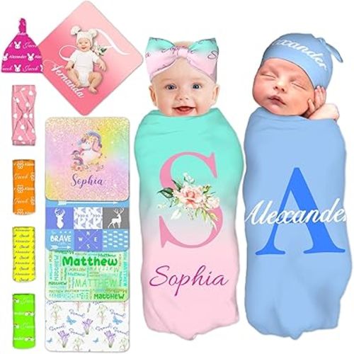 Personalized Baby Swaddle Blanket Custom Name Initial Swaddle Blanket for Boy Girl Customized Blanket with Bow Headband and Hat Set Customizable Newborn Items Gifts