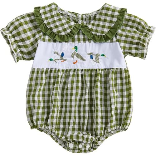 MERSARIPHY Newborn Baby Girl Summer Clothes Peter Pan Collar Plaid Flower Smocked Bubble Short Sleeve Romper One Piece Outfit