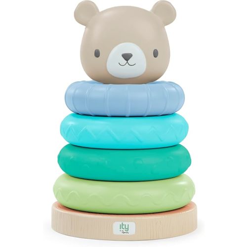 Ingenuity: ity by Ingenuity Cutie Stacks, 4 BPA-Free Rings, Faux Wood Stand, Bear Topper, Unisex, for Ages 6 Months and Up - Nate