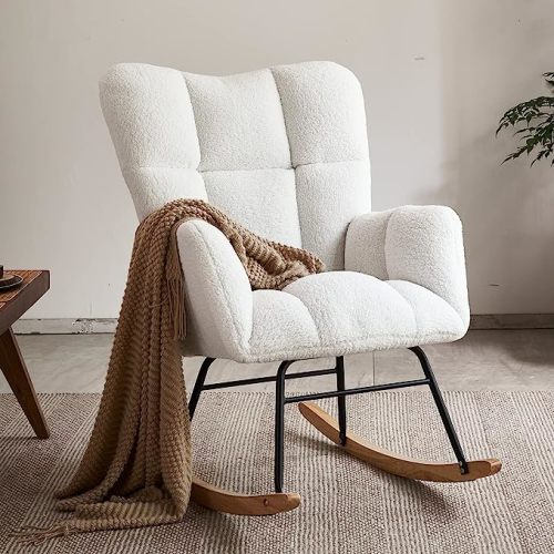 Nursery Rocking Chair, Teddy Fabric Upholstered Glider Rocker with High Backrest, Modern Rocking Accent Chairs Comfy Side Chair for Nursery, Bedroom, Living Room (Ivory)