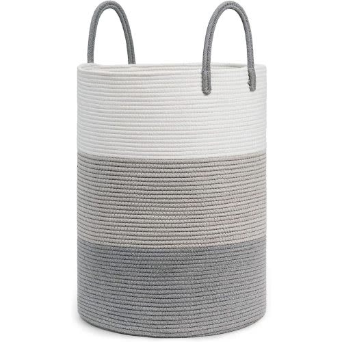 CHICVITA Baby Laundry Basket Large Tall Kids Laundry Hamper Blanket Basket for Toys, Dirty Clothes, Towels Woven Rope Storage Basket for Organization in Bathroom, Nursery Room, College Dorm, 72L, Grey - White & Grey - 72L(16" x 22")