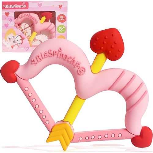 Teethers Heart Shape Silicone Baby Teether Toy Easy for Little Hands to Hold,Cupid Bow and Arrow Soft Teething Toy for Infants,Valentine's Day Gift for Girl or Boy (Pink)