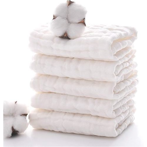 MUKIN Baby Muslin Washcloths, Natural Cotton, Soft Newborn Face Towel, 5 Pack, 12 x 12 inches (White)