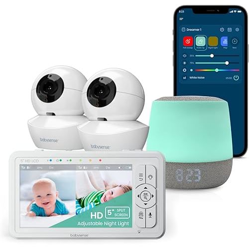 Babysense 2 in 1 Video Baby Monitor with 2 HD Cameras & 5" HD Display Bundled with Smart Baby White Noise Sound and Light Machine