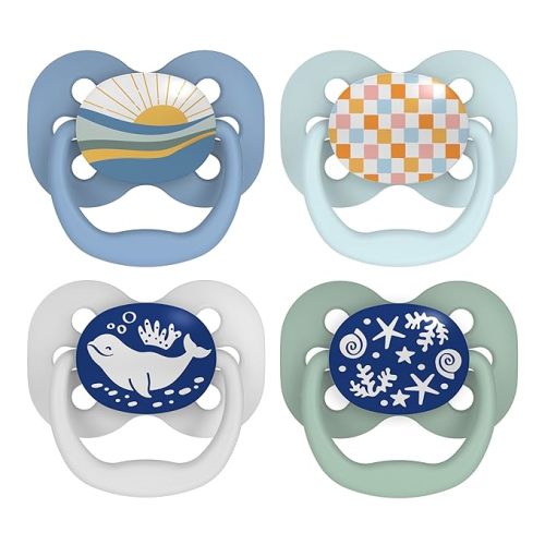 Dr. Brown's Advantage Glow-in-the-Dark Baby Pacifier, Fully Symmetrical Soother with Soft Silicone Bulb, 0-6m, BPA Free, Blue Sunrise and Blue Ocean, 4 Pack (Style May Vary)