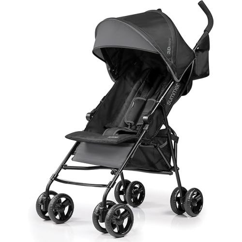 Summer by Ingenuity 3D Mini Convenience Stroller – Lightweight Stroller with Compact Fold, Multi-Position Recline, Canopy with Pop Out Sun Visor and More – Umbrella Stroller for Travel and More, Gray
