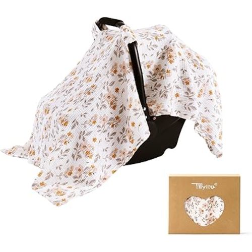 TILLYOU Baby Car Seat Cover, Breathable Muslin Cotton Infant Car Seat Cover, Lightweight Canopy with Sun and Bug Protection(Yellow Flower)