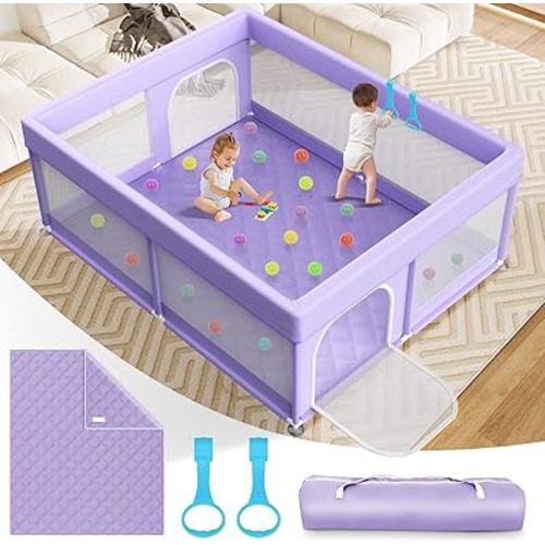 Baby Playpen with Mat 79x71Inch: Extra Large Play Pens for Babies and Toddlers Indoor Safety Baby Fence with Soft Breathable Mesh - All-Wrapped Sponge Sturdy Play Yard with Handle & Bag Purple