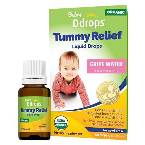 Ddrops Baby Tummy Relief Liquid Drops, Organic Gripe Water for Newborns, Relief from Gas, Colic, Fussiness and Hiccups, Just One Drop, Herbal Ingredients, 120 Drops