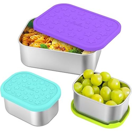 SOPHICO Stainless Steel 24 OZ Snack Containers for Kids，Food Storage Container with Silicone Lid - Perfect 304 Metal Toddler Lunch Box for Daycare and School, Leak Proof （Purple）