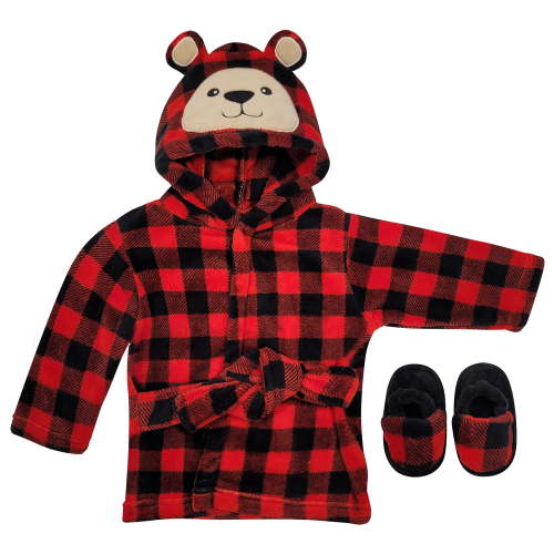Baby Robe - Soft Plush Bath Towel Robe Spa Set - Baby Bathrobe Towel & Slippers for Boys + Turban for Girls Robe Set (Buffalo Plaid Bear, 0-9 Months)