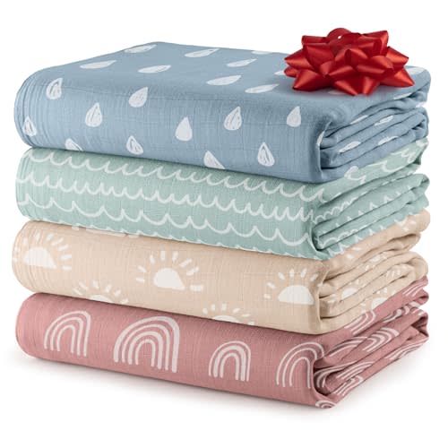 Comfy Cubs Muslin Swaddle Blankets Pack of 4, 47 x 47 Inches, Soft Cotton Baby Blanket Set, Large Multipurpose Swaddling Wraps for Newborns - Self-Soothing Swaddle - Sun, Rainbow, Rain, Doodle