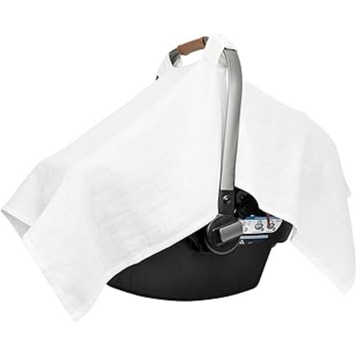 100% Organic Cotton Muslin Car Seat Cover for Babies - Lightweight, Breathable Infant Car Seat Canopy to Protect from Sunlight and Dust - Fits Any Infant Car Seats - 44"x30" (White)