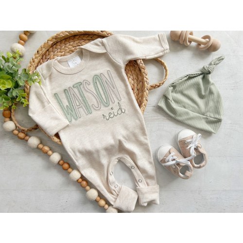 Personalized romper baby boy outfit and hat set, custom boy coming home outfit summer baby outfit, baby shower gift, sleeper with footies