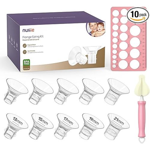 Nuliie Silicone Flanges Insert Replacement Kit, Flange Sizing Kit for Electric Breast Pumps, Pumping Essentials for Moms, 13/15/17/19/21mm for 24mm Flange/Shield, 10PCS