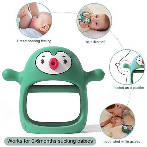 Smily Mia Teething Toys for Babies 0-6 Months, Silicone Never-Drop Penguin Teethers for Babies, Hand Pacifier for Sucking Babies, Best Toy for Teething Baby, Teething Mitten for New Born, Pine Green - pine green