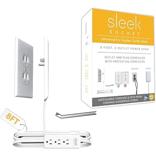Sleek Socket No Shock Child & Pet Protector Outlet Concealer with Protective Cord Clips, Flat Extension Cord with 3 Outlets Power Strip (Safeguards Toddlers and Pets from Chewing Dangerous Cords)