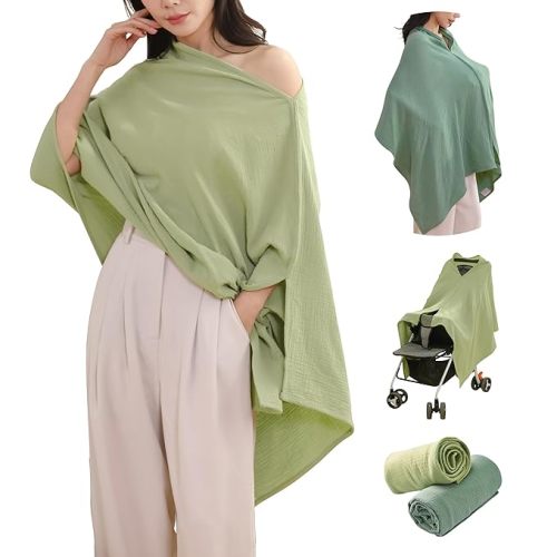 2-Pack Nursing Covers for Breastfeeding, 100% Organic Cotton Muslin Breastfeeding Cover, Multi-Use Nursing Scarf, Car Seat Canopy, Stroller Cover, Soft Breathable Baby Blanket Large Khaki