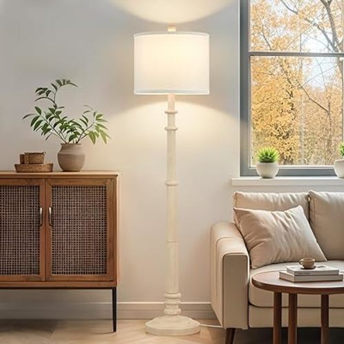 Floor Lamps for Living Room - 60" New Upgrade Resin Farmhouse Floor Lamp with 3 Color Temperatures - Vintage Standing Lamp Reading Light with Linen Shade Retro Tall Lamp for Bedroom Office, White