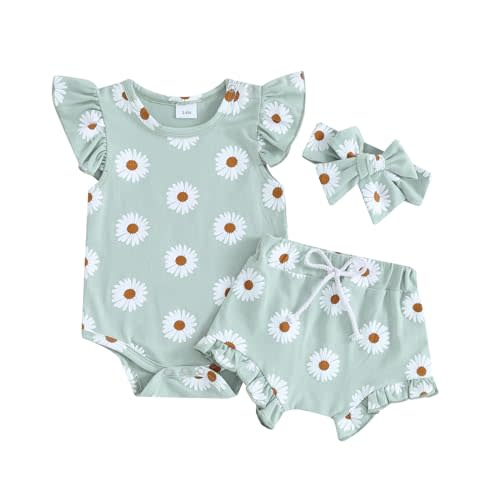 Hnyenmcko Newborn Baby Girl Clothes Daisy Print Fly Sleeve Romper Ruffle Bloomer Shorts Headband Set Infant Summer Outfits