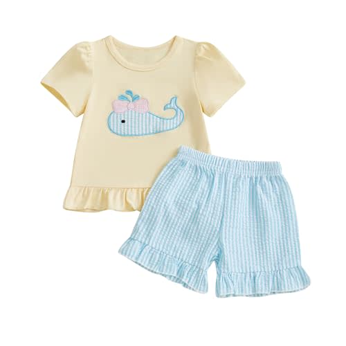 xkwyshop Toddler Infant Baby Girl Summer Outfit Whale Ruffle Short Sleeve T-Shirt Tops Plaid Shorts Set Fishing Clothes