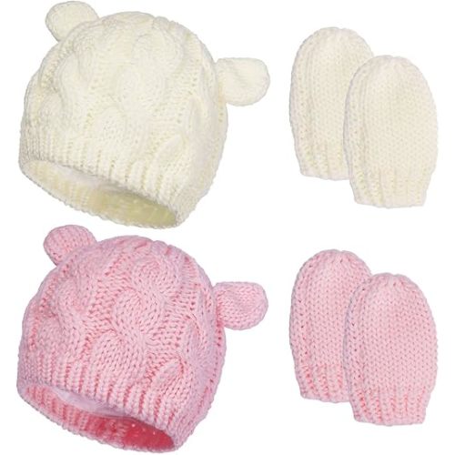 2 Set Newborn Winter Beanie Hats Gloves Kit for Baby Girls Boys Infant Toddler Warm Knitted Hats Glove Autumn Spring