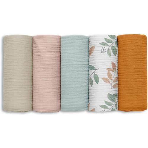 Muslin Receiving Blankets, Neutral Blanket Swaddling for Newborn Boys and Girls, 5 Pack Breathable and Skin-Friendly Swaddle Wrap for Infant Baby (Gentle Colors)
