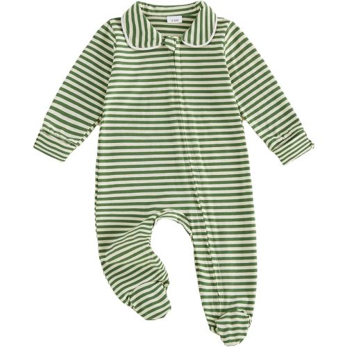 Seyurigaoka Newborn Baby Boy Girl Clothes Striped Footed Romper Peter Pan Collar Zipper Jumpsuit Going Home Outfit