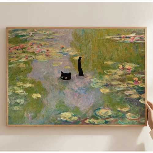 Monet Water Lilies Cat Art Poster Print | Claude Monet Lilies, Cute Pet Decor | Kids Room Wall Art | Cat Lover Gift |