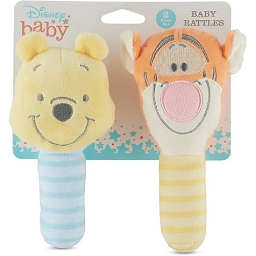 Disney Winnie The Pooh and Tigger Assorted Plush Lovie Rattle Set Pack of 2 - Soft and Cuddly Plush Material, Built-in Rattle for Sensory Stimulation,Vibrant Colors and Intricate Details