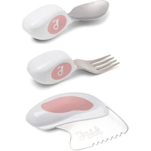 doddl Toddler Utensils, Ergonomic Fork Spoon and Knife Set for Self Feeding, Stainless Steel Silverware for 1-3 Year Olds, BPA Free, Dishwasher Safe (Dusky Rose)