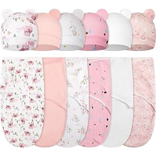 ramede 6 Pack Baby Swaddle Blanket with Hats Set for 0-3 Months Preemie Newborn Sacks Soft Cotton Wearable for Baby Boy and Girl (Pink,Animal)
