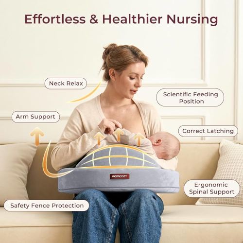 Momcozy Exclusive Memory Foam Nursing Pillow - Pioneering Safety Fence-Plus Size Breastfeeding Pillow for Ergonomic Comfort & Support-Easier and Healthier Nursing - Fit for All, Removable Cover