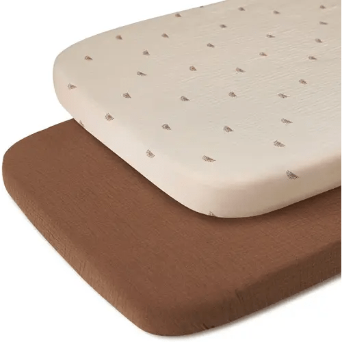 Blissful Diary Muslin Bassinet Sheets for Baby Girls Boys, Boho Soft Cotton Fitted for Oval Hourglass Rectangle Mattress, 2 Pack(Sunshine&Brown)