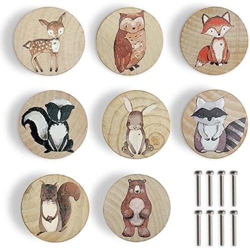 Animal Wood Dresser Cabinet Drawer Knobs Round Unique Decorative Wooden Drawer Knobs for Kids Cabinets (8, Log Color)