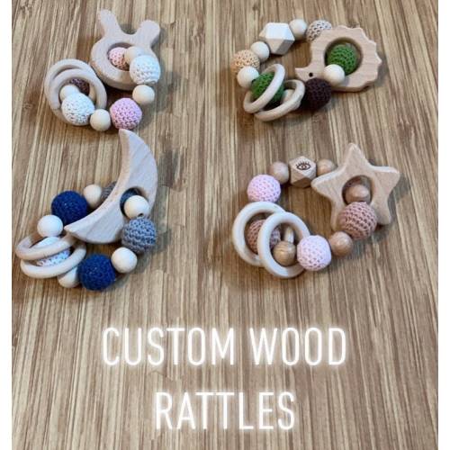 Custom Wooden Rattle- Crochet Rattle- Infant Rattle- Baby Rattle- Montessori Rattle- Crochet Rattle Ring- Personalized Newborn Rattle