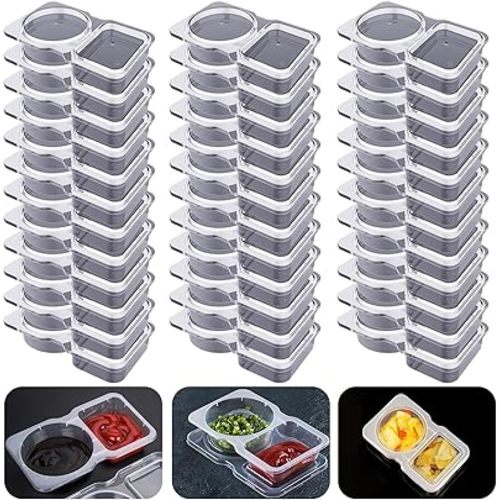 Double Compartment Condiment Containers with Lids, 2024 New Disposable 2 Compartment Snack Containers, Portion Cups Reusable Plastic Snack Container for to-go Sauce, Sampling, Travel Snack - 32 Pcs