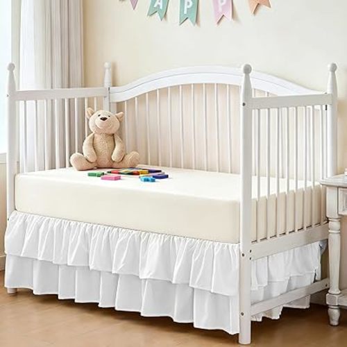 Ruffled Crib Bed Skirt 28"x 52" with 14" Drop, Soft Double Layer Nursery Dust Ruffle Skirt for Toddler Bedding/Baby Crib(White)